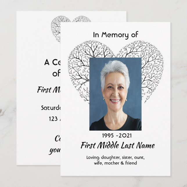 Celebration of Life Service Tree Life Heart Love Inbjudningar (Fram/baksida)
