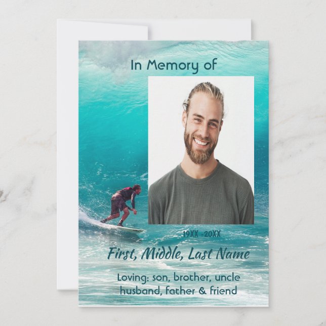 Celebration of Life Service  Wave Surfer Water Inbjudningar (Framsida)