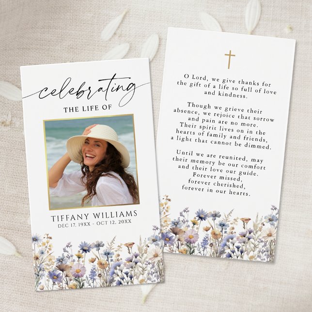 Celebration of Life Wildflowers Photo Prayer Card Visitkort (Skapare uppladdad)