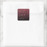 Celebratory Maroon Modern Wedding Sticker Fyrkantigt Klistermärke<br><div class="desc">This wedding sticker features a modern, minimalist design with a gradient background transitioning from deep maroon to black. The phrase "BEST DAY ever" is prominently displayed in bold, uppercase sans-serif letters paired with an elegant cursive script for the word "ever, " creating a striking contrast against the dark backdrop. The...</div>