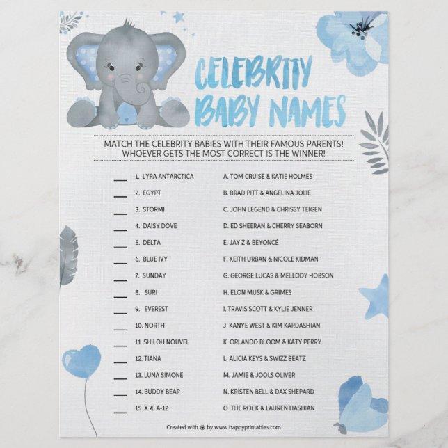 Celebrity Barn namn [Baby Elephant [Blue] Brevhuvud (Framsida)
