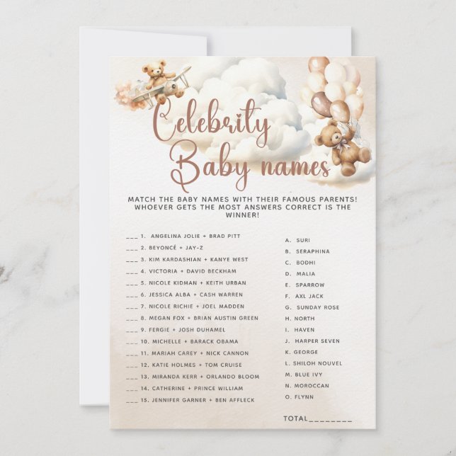 CELEBRITY BARN NAMN Baby Shower Game Cute Bear Inbjudningar (Framsida)