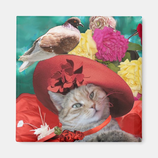 CELEBRITY CAT TRINCESS TATUS MED RED HAT OCH DOVE MAGNET (Framsidan)