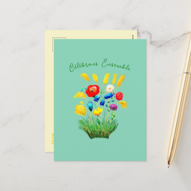 Célébrons ensemble - Vintage Blommigt Call Helg Vykort (Fram/Back In Situ)