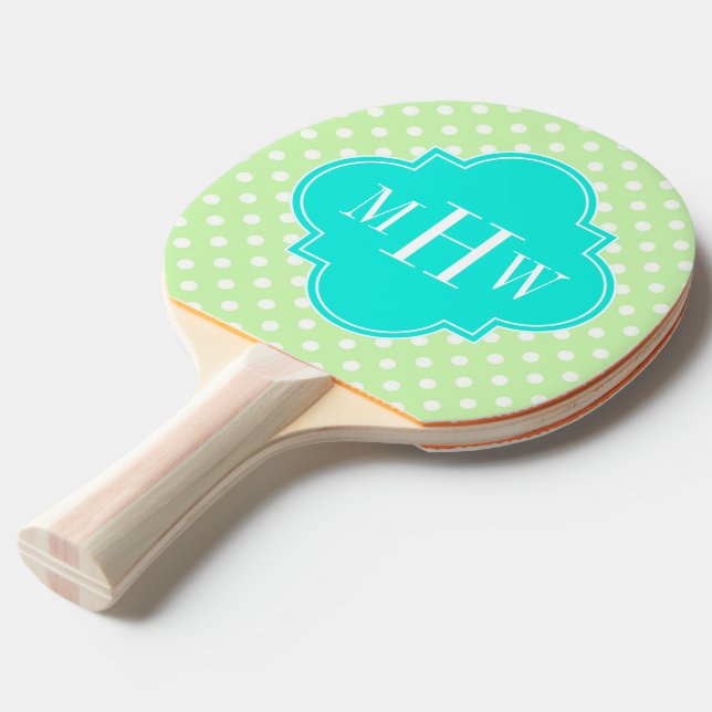 Celery Polka Dot Aqua Quatrefoil 3 Monogram Pingisracket (Frontvinkel)