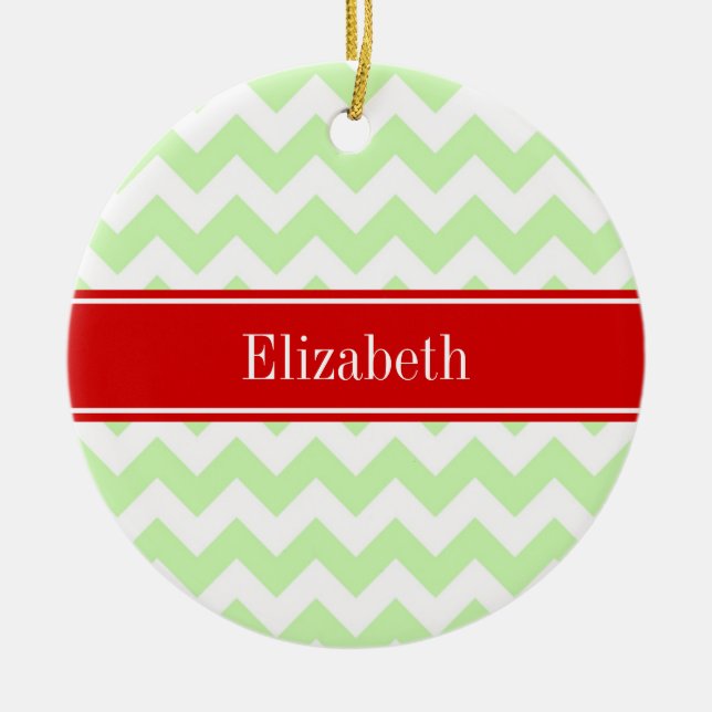 Celery White Chevron ZigZag Red Namn Monogram Julgransprydnad Keramik (Framsidan)