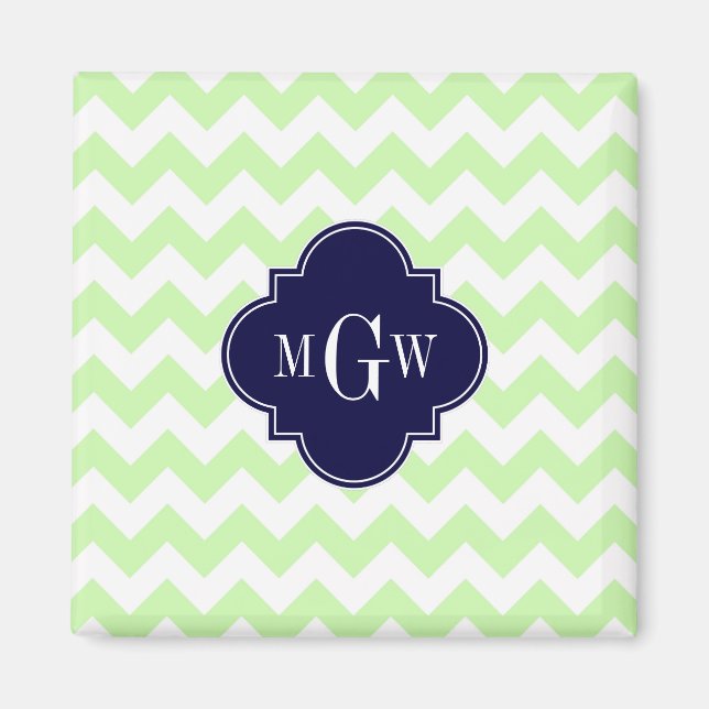 Celery Wht Chevron Navy Blue Quatrefoil 3 Monogram Magnet (Framsidan)
