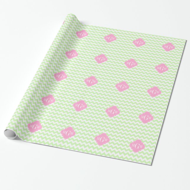 Celery Wht Chevron Pink Quatrefoil 3 Monogram Presentpapper (Utrullad)
