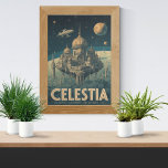 Celestia: The City Among the Stars - Vintage Retro Poster<br><div class="desc">Step into the stars with Celestia — a retro-futuristic travel poster that celebrates mid-century optimism and cosmic wonder. Metallic tones,  glowing domes,  and a timeless vintage layout bring this fictional city among the stars to life.</div>
