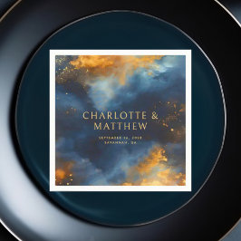 Celestial Abstrakt Blue Golden Namn Bröllop Pappersservett