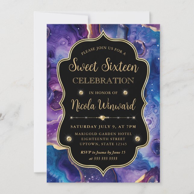 Celestial Agat | Eldig Kosmisk Geod Sweet 16 Inbjudningar (Framsida)