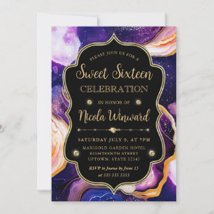 Celestial Agat Lila Guldmarmor Sweet 16 Inbjudningar