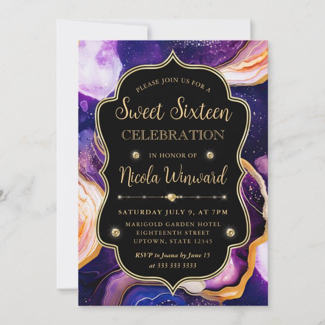 Celestial Agat | Lila Guldmarmor Sweet 16 Inbjudningar (Framsida)