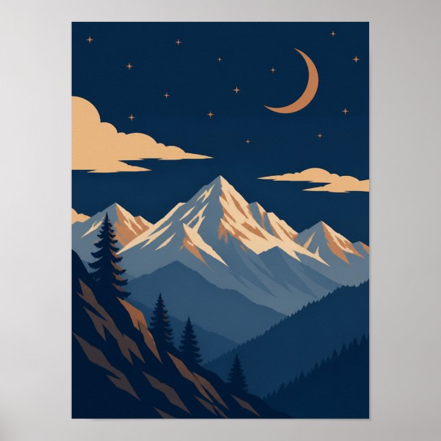 Celestial Alpin Skymning Månebelyst Bergsposter Poster (Framsidan)