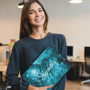 Celestial Aqua Teal Stjärnstrålande Fancy Monogram Laptop Fodral