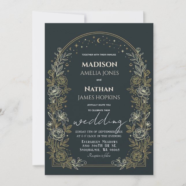 Celestial Arch Wedding Invitation Gold Frame Inbjudningar (Framsida)