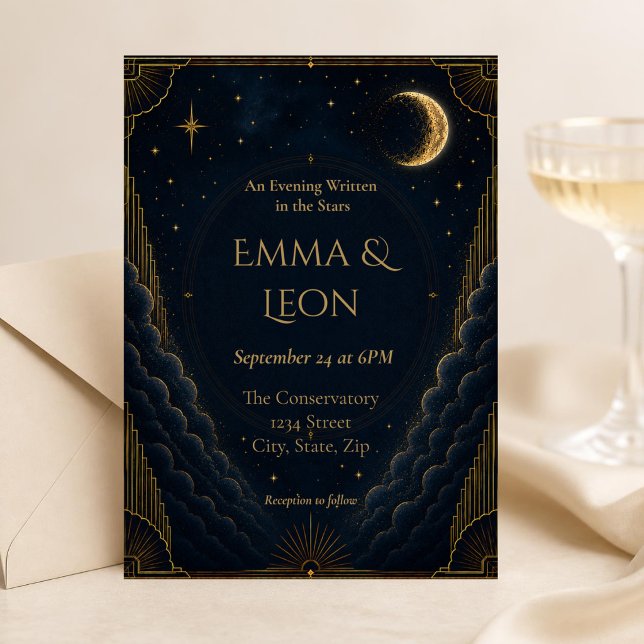 Celestial Art Deco bröllopsinbjudan | Marinblå Inbjudningar (Elegant navy and gold celestial Art Deco wedding invitation featuring a crescent moon & starry night)