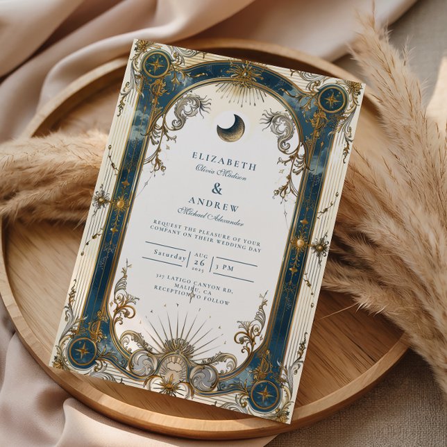 Celestial Art Nouveau Blue Gold Wedding Inbjudningar (Skapare uppladdad)