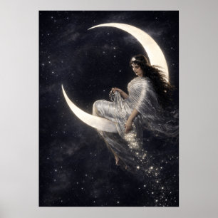 Celestial Art Nouveau Kvinna på halvmåne Poster