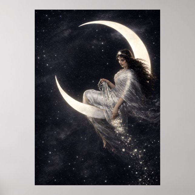 Celestial Art Nouveau Kvinna på halvmåne Poster (Framsidan)
