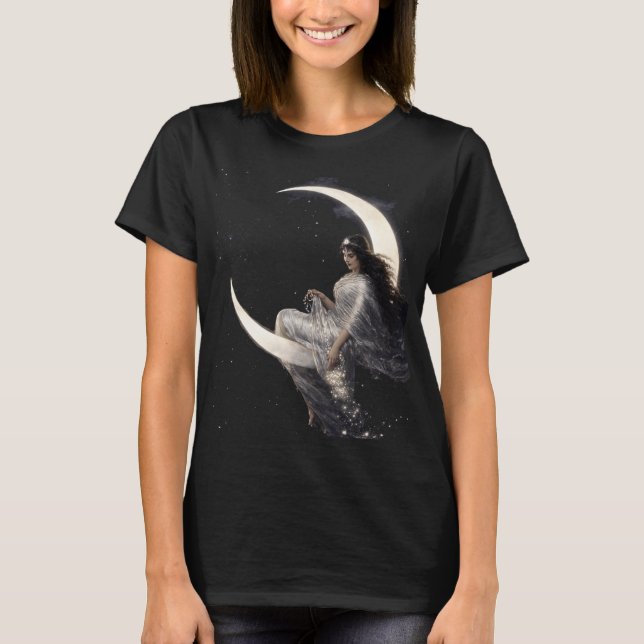 Celestial Art Nouveau Woman on Crescent Moon T Shirt (Framsida)