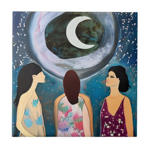 Celestial Artwork Kvinnor som Tittar i Måne Kakelplatta