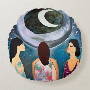 Celestial Artwork Kvinnor som Tittar i Måne Rund Kudde