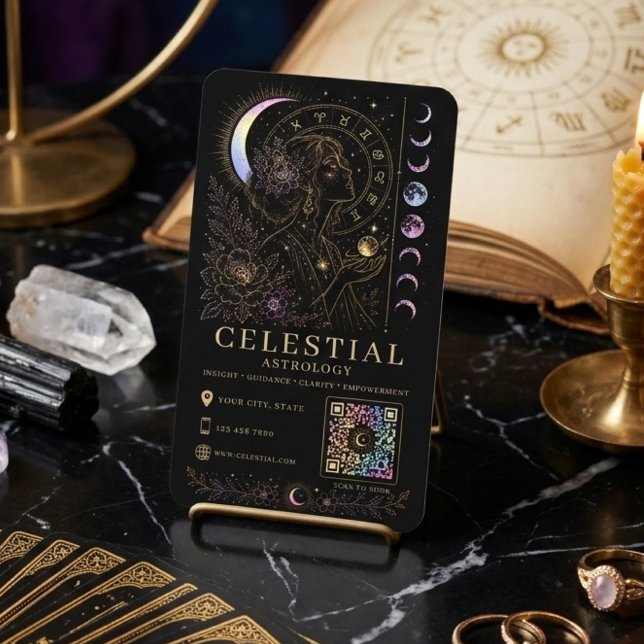 Celestial Astrology Lyx Svart Guld QR  Visitkort (Skapare uppladdad)