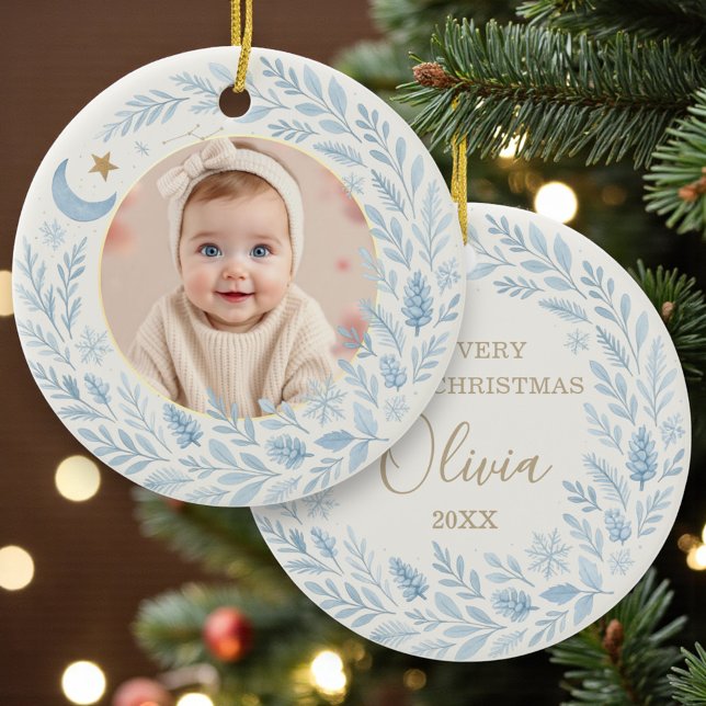 Celestial Baby First  Cute Blue Christmas Photo Julgransprydnad Keramik (Skapare uppladdad)