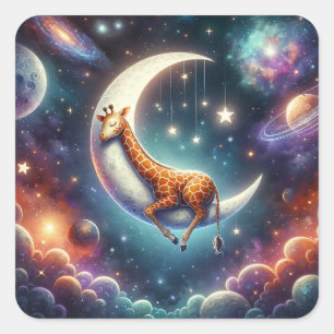 Celestial Baby Giraffe Spipande på Måne & Stars Fyrkantigt Klistermärke