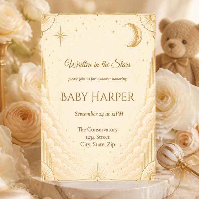 Celestial Baby Shower Inbjudan | Måne & Stjärnor (Elegant celestial baby shower invitation with moon, stars and gold details.)