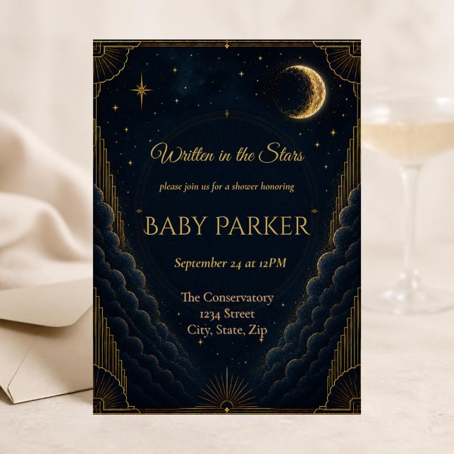 Celestial Baby Shower Inbjudan | Marinblå (Elegant celestial baby shower invitation with navy skies, gold Art Deco details and glowing moon.)