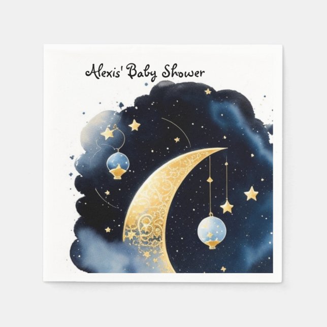 Celestial Baby Shower Måne & Stars Watercolor Pappersservett (Framsidan)