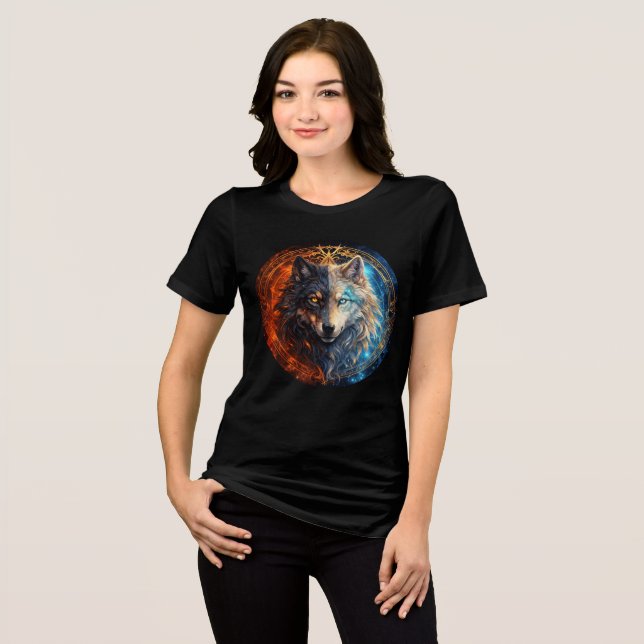 Celestial Balance Wolf – Fire and Ice T Shirt (Framsida Full)