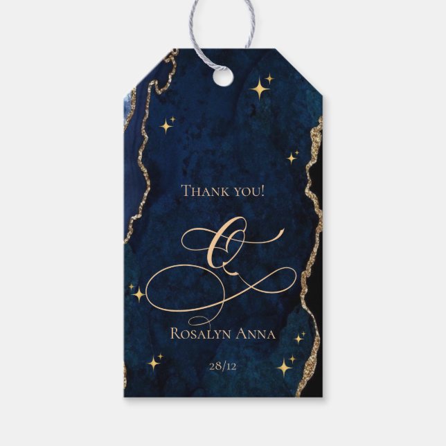 Celestial Blå Quinceanera Midnattsstjärnor Måne Presentetikett (Framsidan)