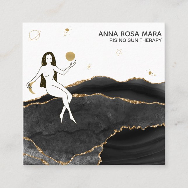 *~* Celestial Black Agate + Guld Glitter gudinna Fyrkantigt Visitkort (Framsida)