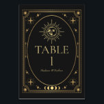 Celestial Black Gothic Tarot Bröllop Bordsnummer<br><div class="desc">Lägg till lite magi till bröllop med det här kelestiala svarta Tarot Card-Bordsnumret i Bröllop! De här bordsnumren har en tjärinspirerad utformning i riktig folie, med en elegant oal ram och ett strålande sol och måne mot svart bakgrund. OBSERVERA: guld som ingår i konstruktionen är INTE FÄRDIGSTÄLLANDE FOIL och är...</div>