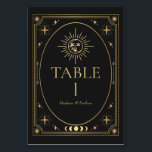 Celestial Black Gothic Tarot Bröllop Bordsnummer<br><div class="desc">Lägg till lite magi till bröllop med det här kelestiala svarta Tarot Card-Bordsnumret i Bröllop! De här bordsnumren har en tjärinspirerad utformning i riktig folie, med en elegant oal ram och ett strålande sol och måne mot svart bakgrund. OBSERVERA: guld som ingår i konstruktionen är INTE FÄRDIGSTÄLLANDE FOIL och är...</div>