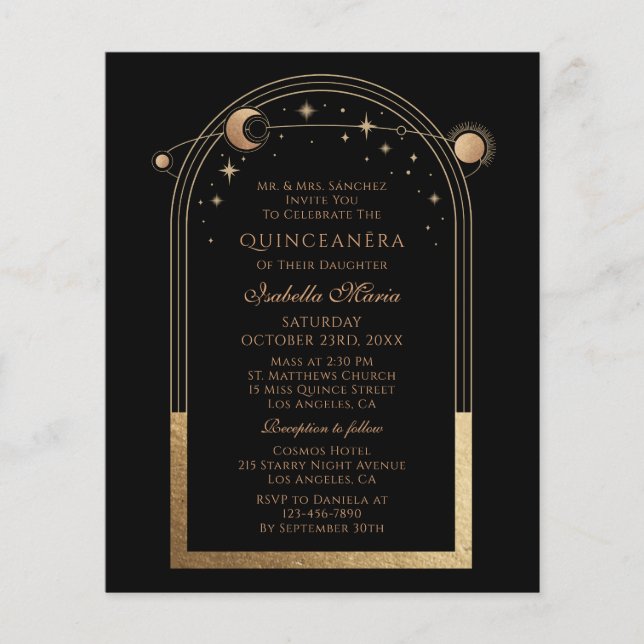Celestial Black Guld Bilingual Spain Quinceañera Flygblad (Framsidan)