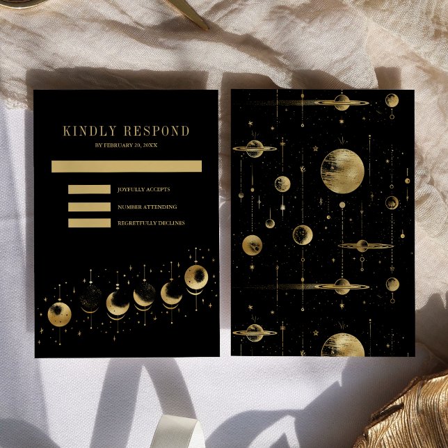Celestial Black Guld Crescent Måne Phases Bröllop OSA Kort (Skapare uppladdad)