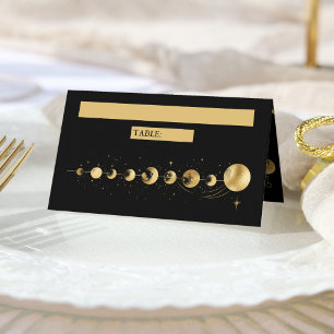 Celestial Black Guld Crescent Måne Phases Bröllop Placeringskort