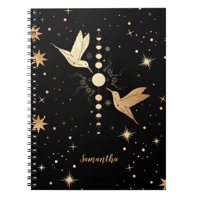 Celestial Black Guld Hummingbird Måne Phases Namn Anteckningsbok (Framsidan)