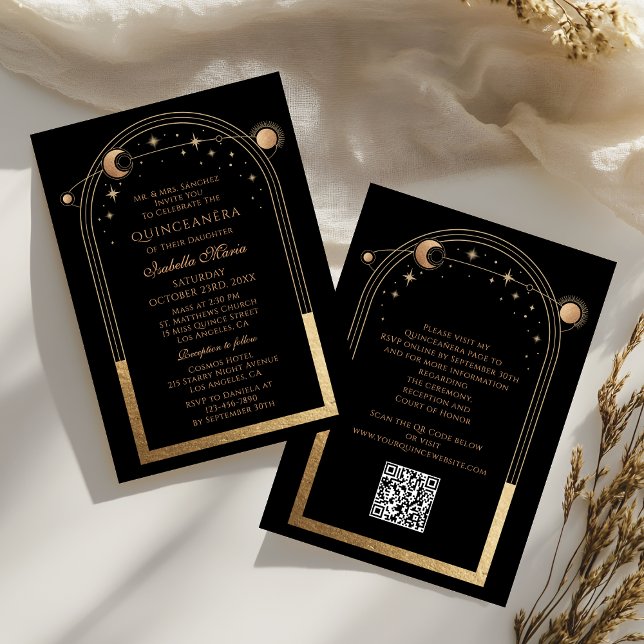 Celestial Black Guld QR-kod Quinceañera Inbjudningar (Skapare uppladdad)