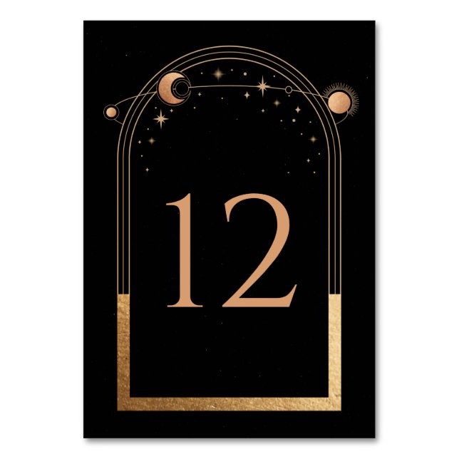 Celestial Black Guld Sol Måne-astronomi Bröllop Bordsnummer (Framsidan)