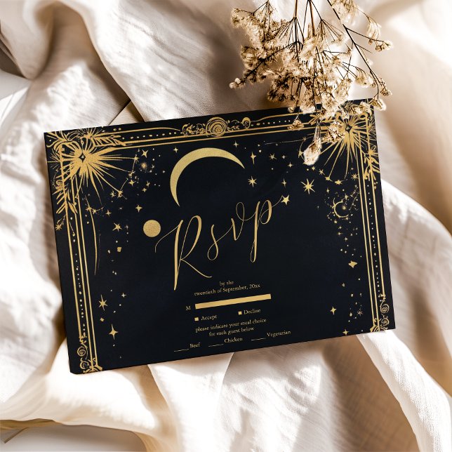 Celestial Black Guld Sol Måne-astronomi Bröllop OSA Kort (Skapare uppladdad)