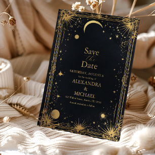 Celestial Black Guld Sol Måne-astronomi Bröllop Spara Datumet