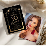 Celestial Black Guld Sol Måne Stars 30års födelsed Inbjudningar<br><div class="desc">Den kelestiala fotoinbjudan till foto från Måne Sol i Guld har en elegant sol,  måne och stjärnor med en gyllene 30års födelsedag på svart bakgrund. Inuti finns din anpassningsbar 30-årsinbjudan. Lägg till ditt favoritfoto på motsatt sida. Designad för dig av Evco Studio www.zazzle.com/store/evcostudio</div>
