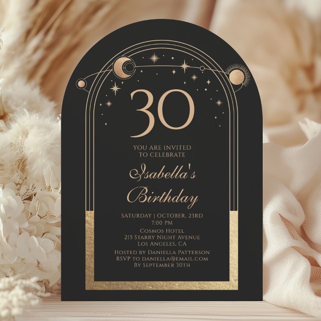Celestial Black Guld Sol Måne Stars 30års födelsed Inbjudningar (Skapare uppladdad)