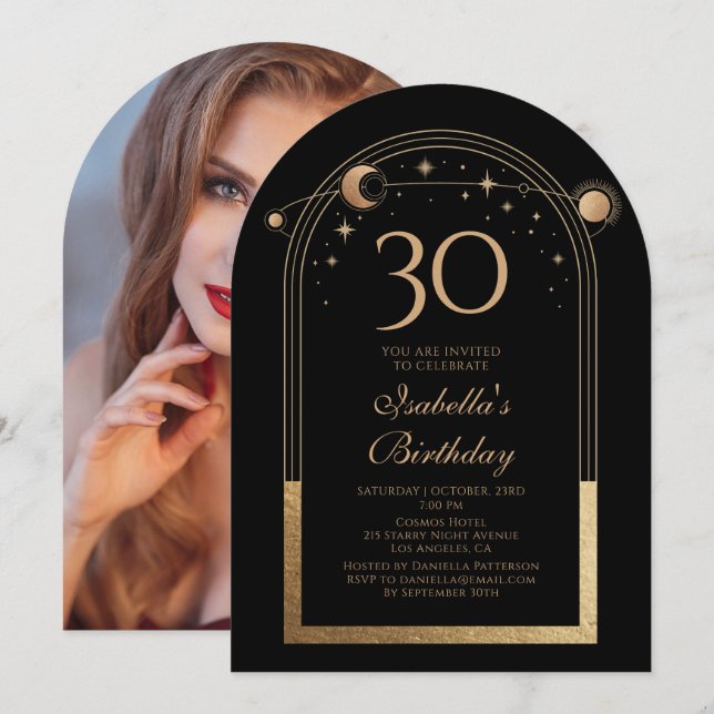 Celestial Black Guld Sol Måne Stars 30års födelsed Inbjudningar (Fram/baksida)