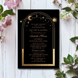 Celestial Black Guld Sol Måne Stars Quinceañera Inbjudningar
